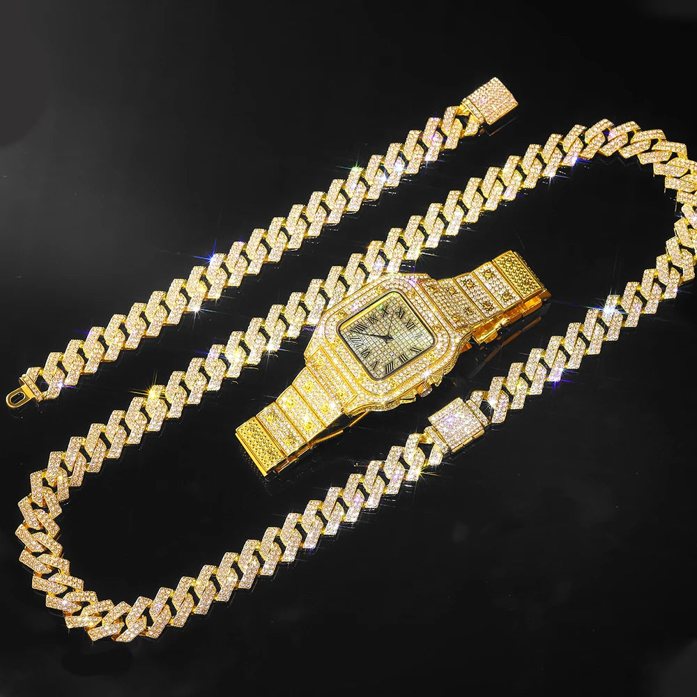 Ensemble Montre Chaîne Cubaine Iced Out - Collier Bracelet