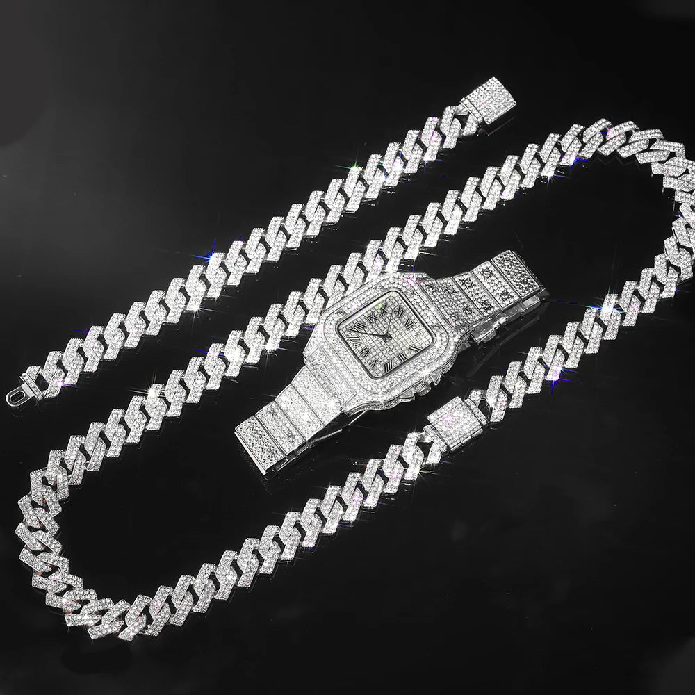 Ensemble Montre Chaîne Cubaine Iced Out - Collier Bracelet
