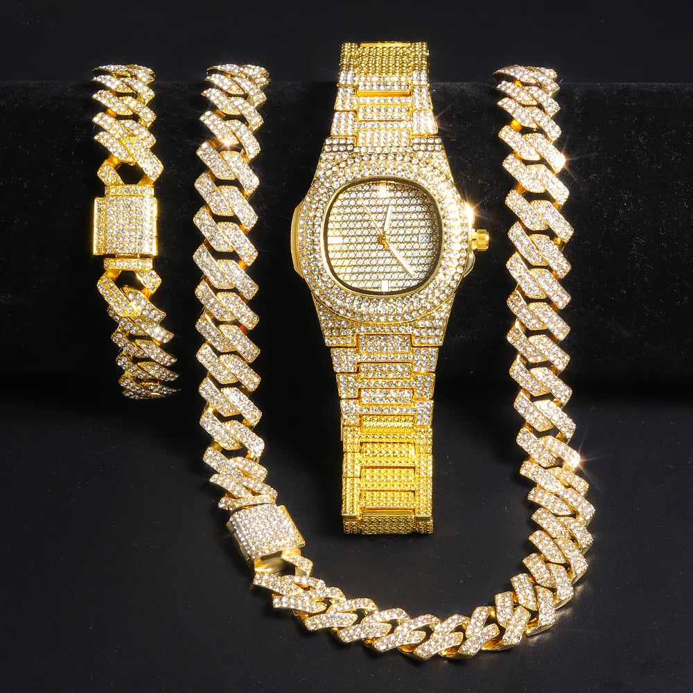 Ensemble Montre Chaîne Cubaine Iced Out - Collier Bracelet