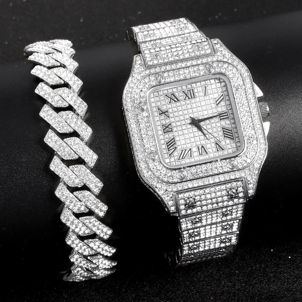 Ensemble Montre Chaîne Cubaine Iced Out - Collier Bracelet