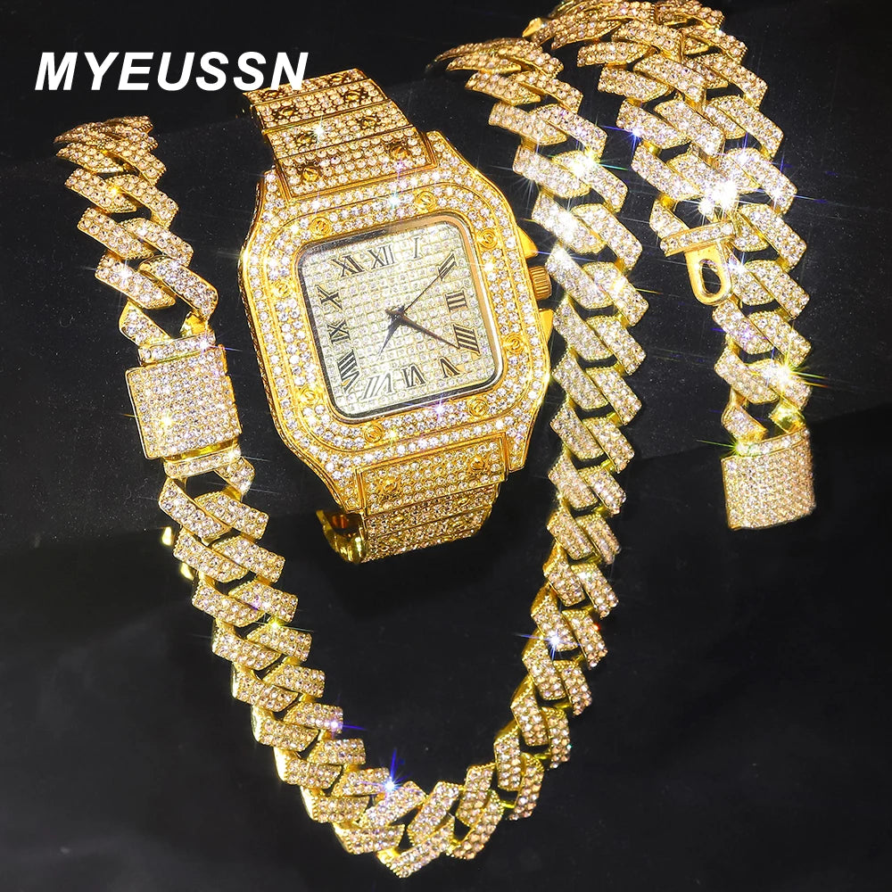 Ensemble Montre Chaîne Cubaine Iced Out - Collier Bracelet