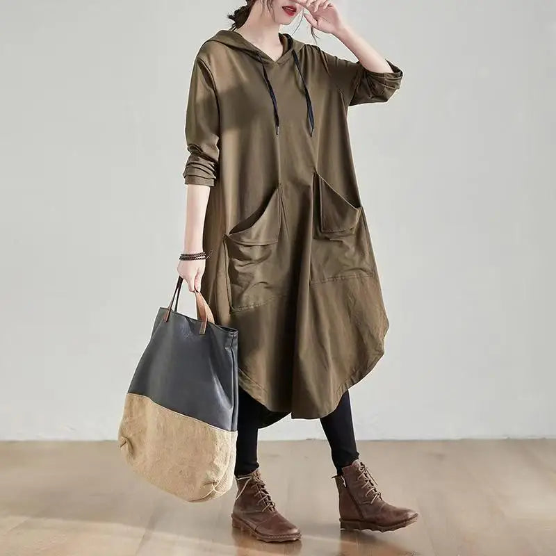 Robe Midi Oversize à Capuche avec Poches – Robe Noire Automne Femme