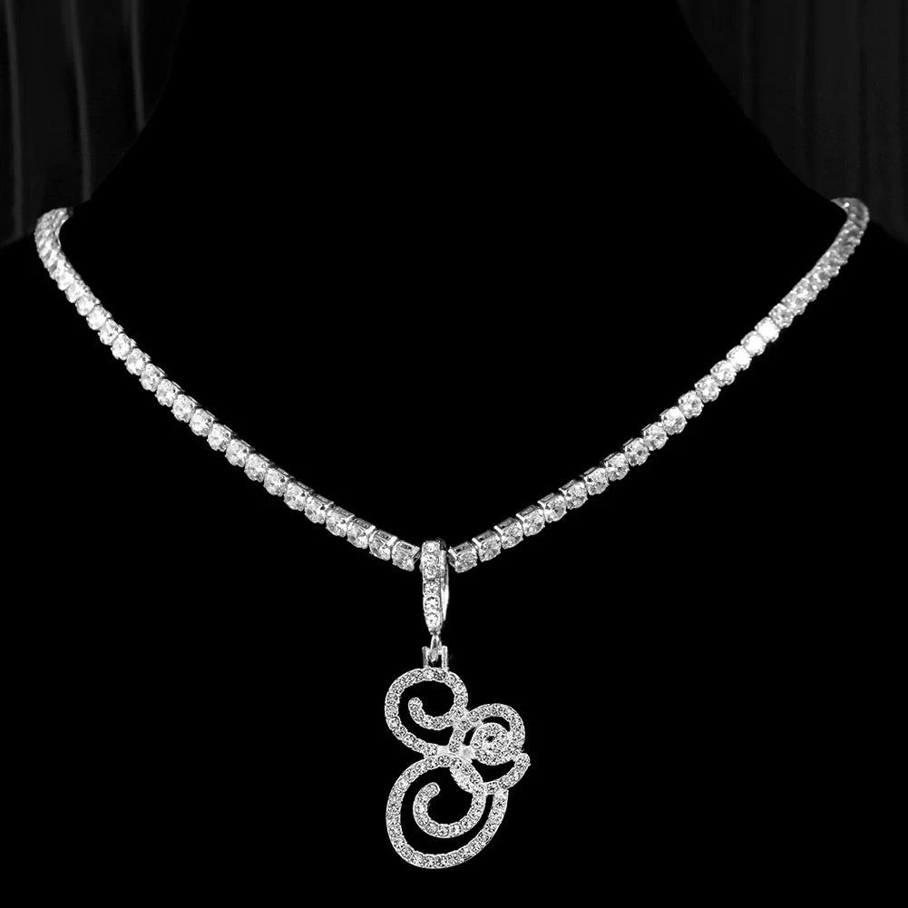 Collier Initiale Cursive Zircon CZ  - Collier Hip Hop Cursif