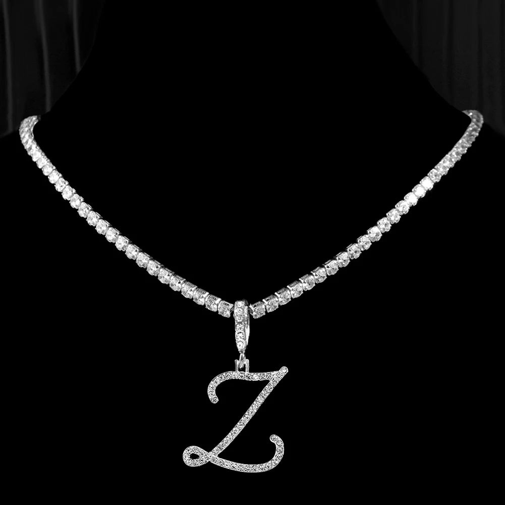 Collier Initiale Cursive Zircon CZ  - Collier Hip Hop Cursif