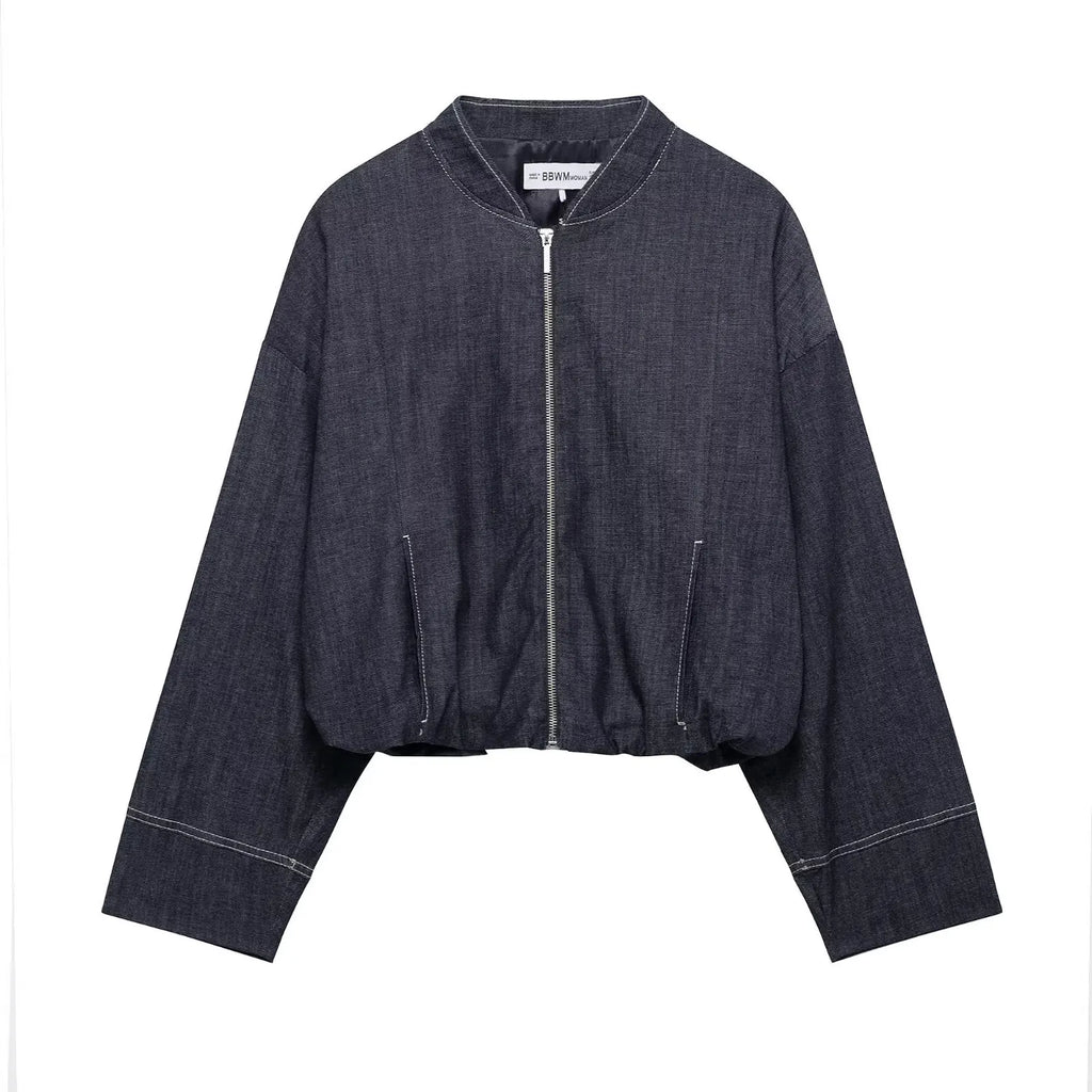 Veste Bomber Denim Femme - Col Montant Zippée Style Ballon