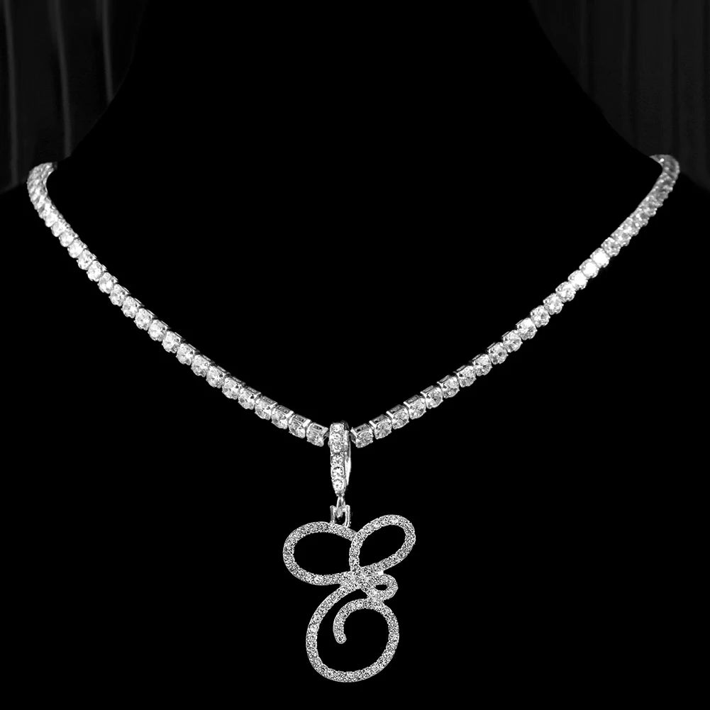 Collier Initiale Cursive Zircon CZ  - Collier Hip Hop Cursif