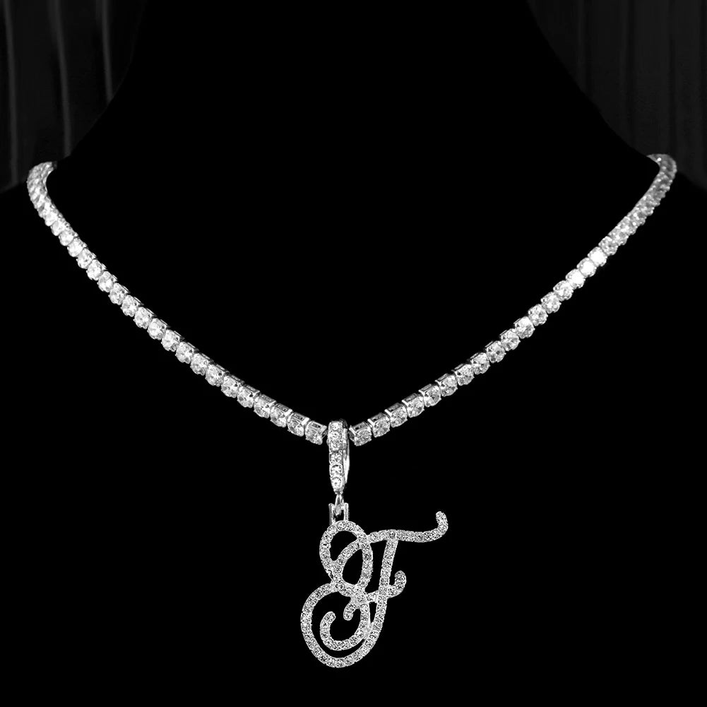 Collier Initiale Cursive Zircon CZ  - Collier Hip Hop Cursif