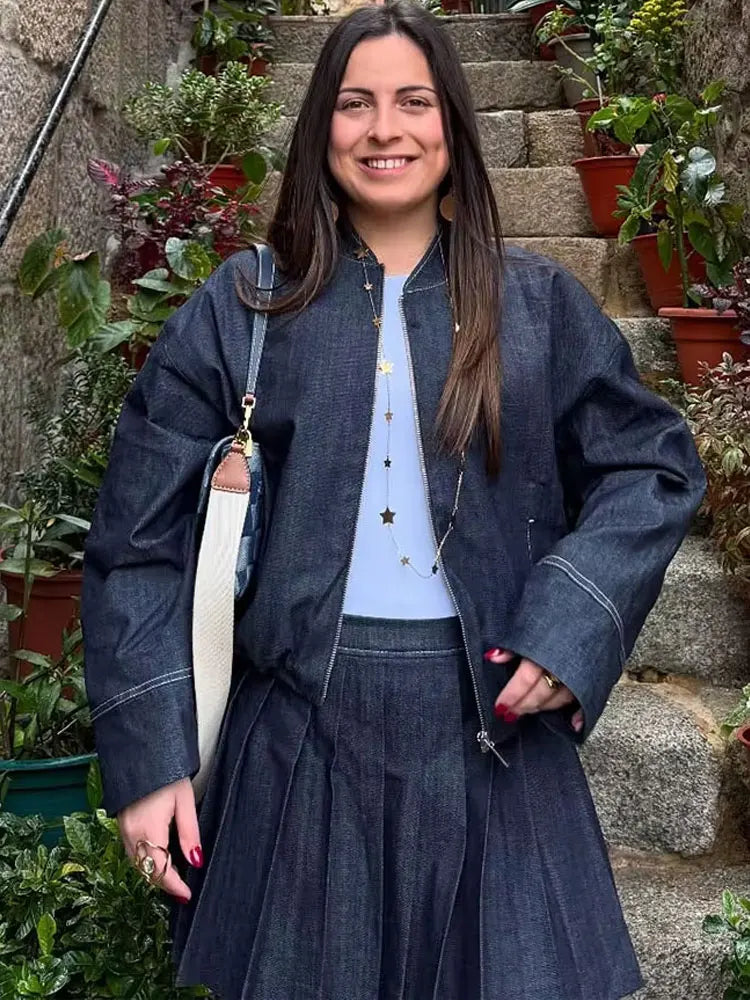 Veste Bomber Denim Femme - Col Montant Zippée Style Ballon