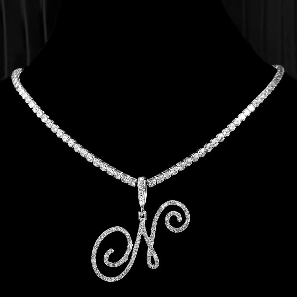 Collier Initiale Cursive Zircon CZ  - Collier Hip Hop Cursif