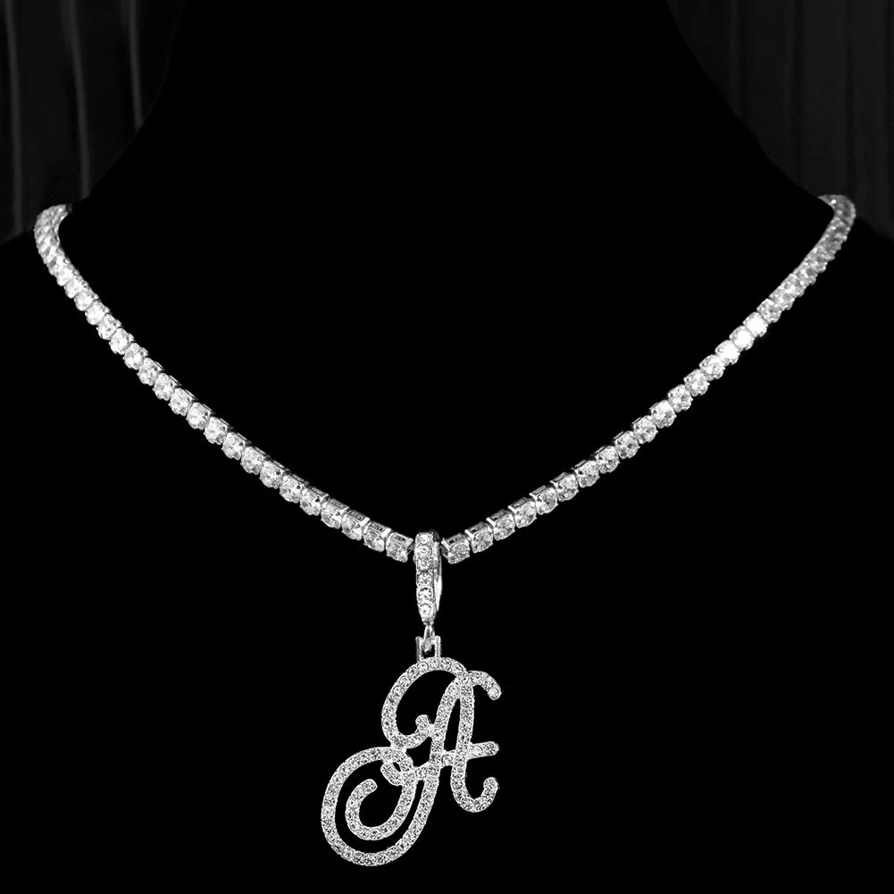 Collier Initiale Cursive Zircon CZ  - Collier Hip Hop Cursif