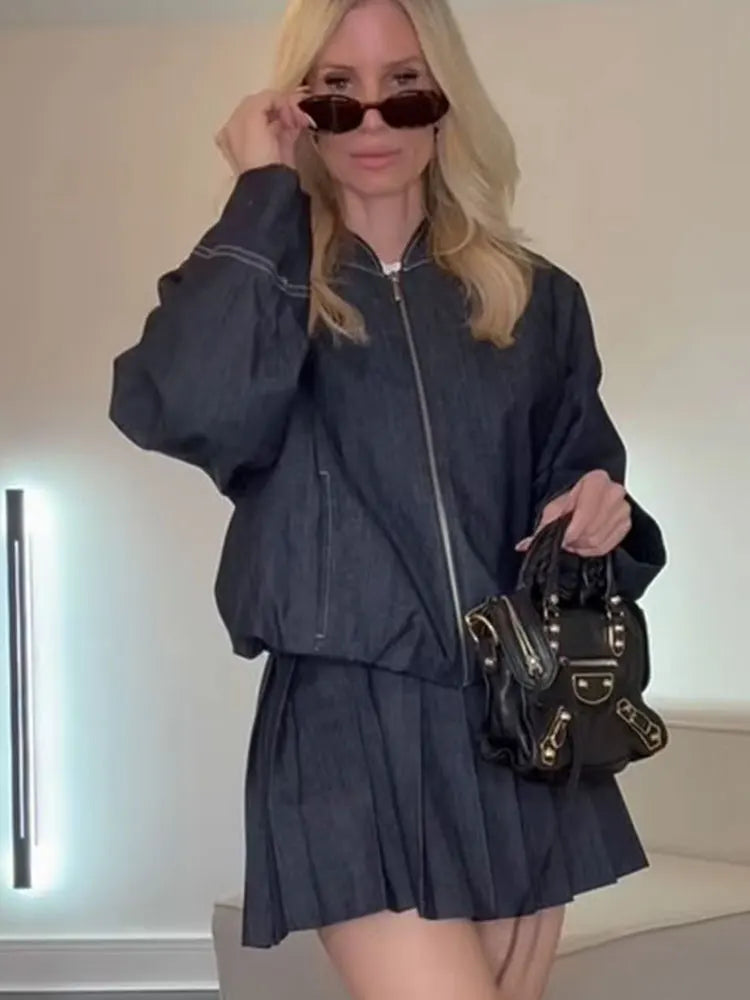 Veste Bomber Denim Femme - Col Montant Zippée Style Ballon