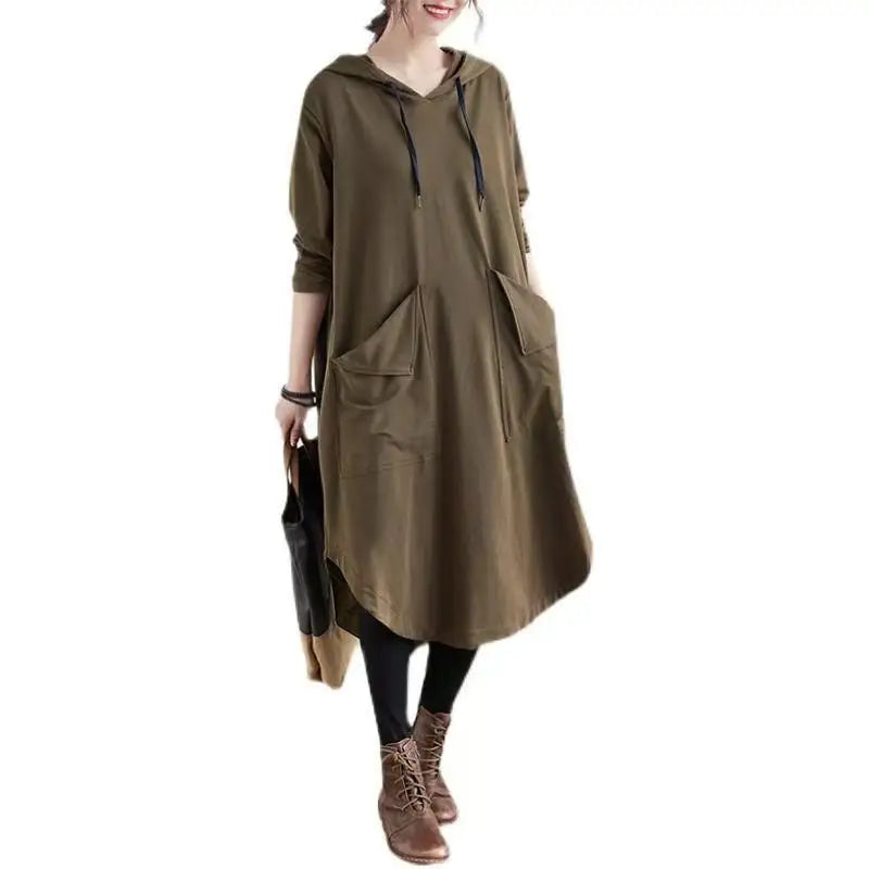 Robe Midi Oversize à Capuche avec Poches – Robe Noire Automne Femme