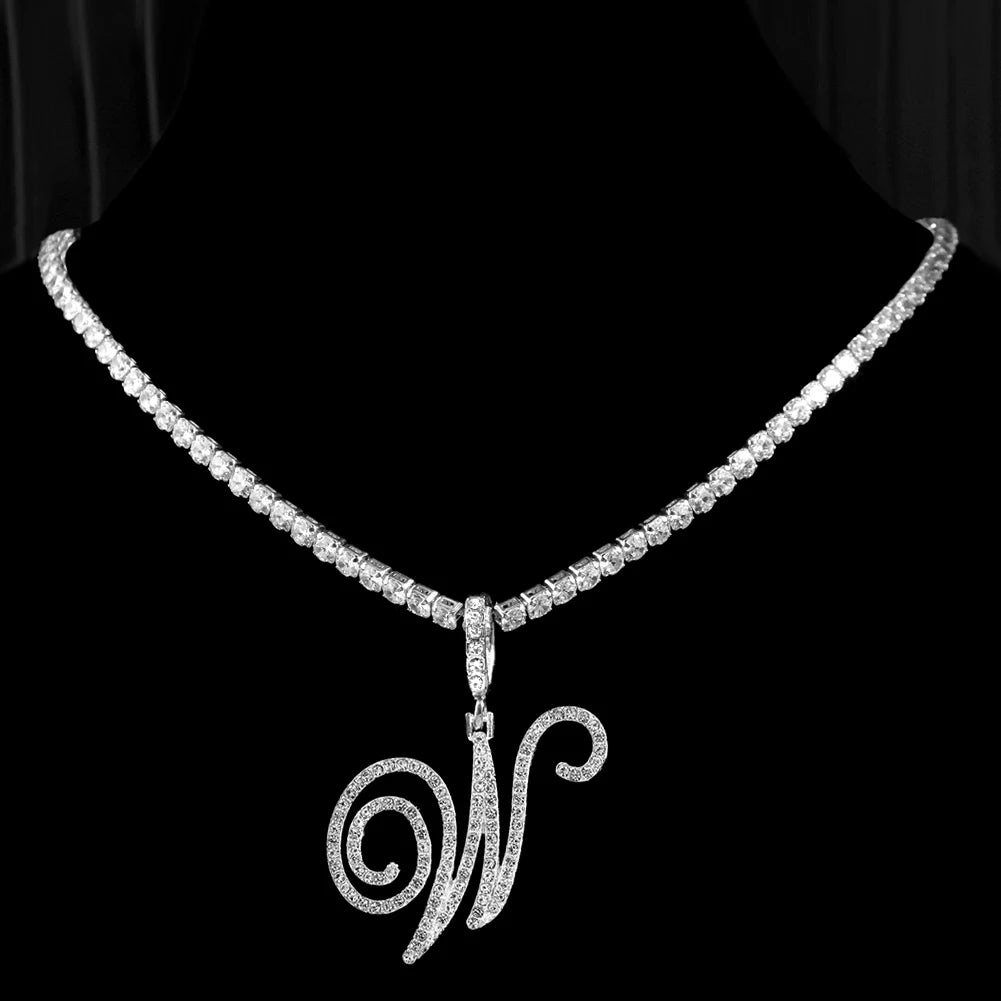 Collier Initiale Cursive Zircon CZ  - Collier Hip Hop Cursif