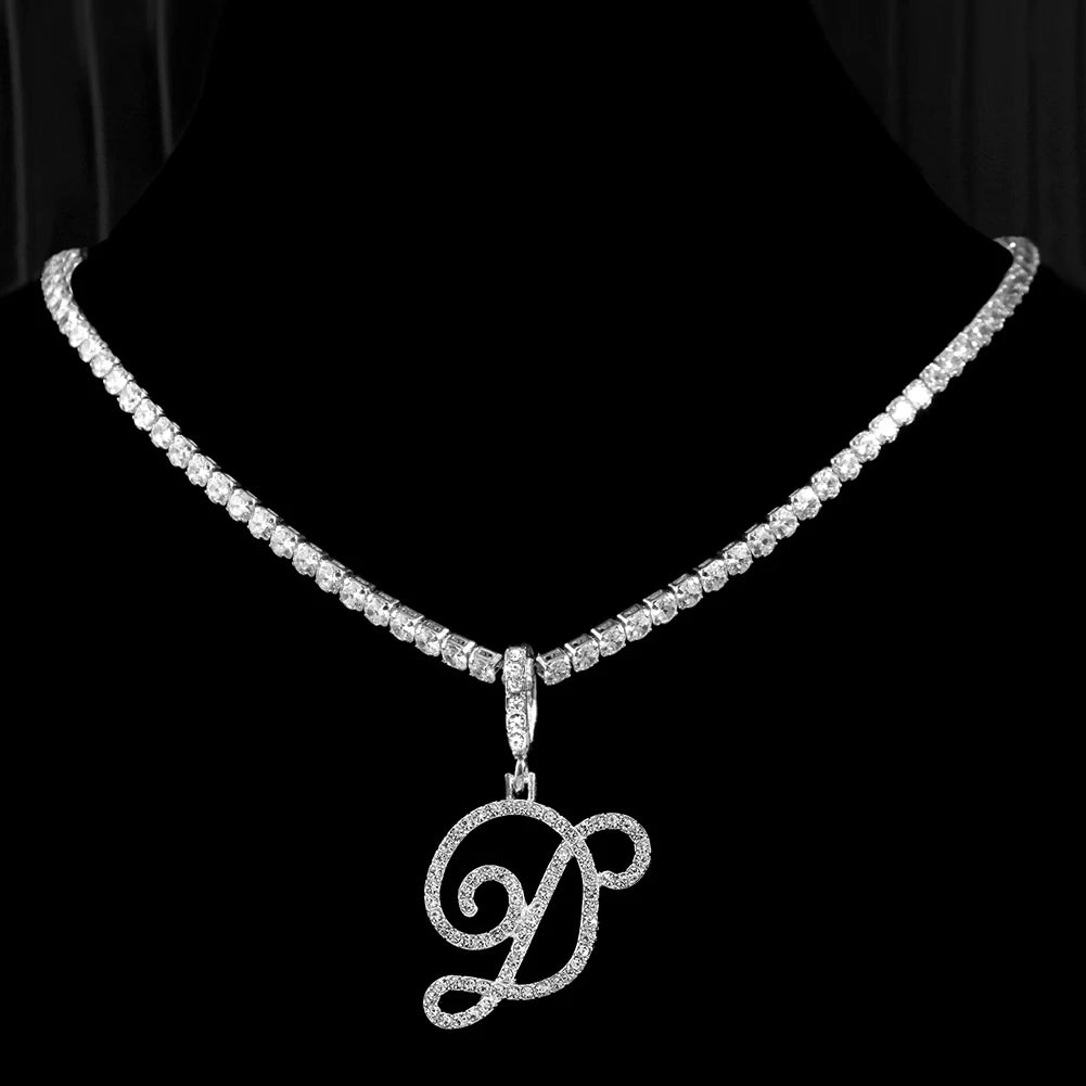 Collier Initiale Cursive Zircon CZ  - Collier Hip Hop Cursif
