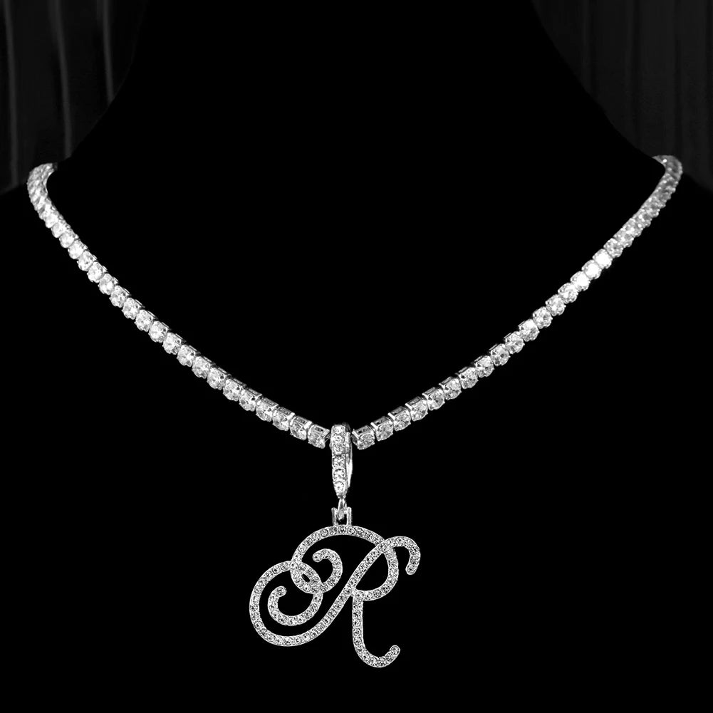 Collier Initiale Cursive Zircon CZ  - Collier Hip Hop Cursif
