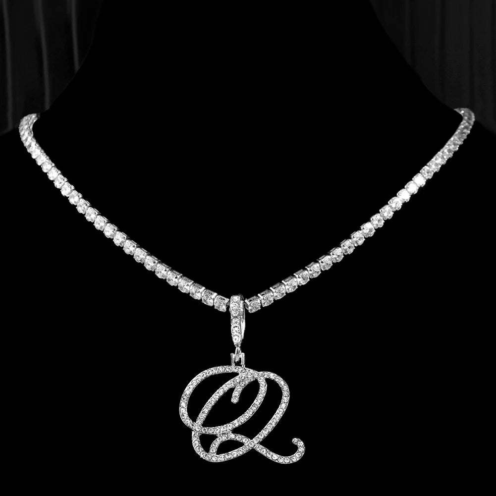 Collier Initiale Cursive Zircon CZ  - Collier Hip Hop Cursif