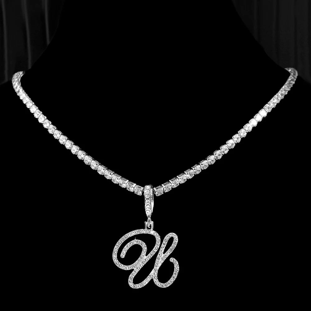 Collier Initiale Cursive Zircon CZ  - Collier Hip Hop Cursif