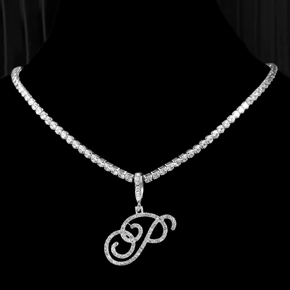 Collier Initiale Cursive Zircon CZ  - Collier Hip Hop Cursif
