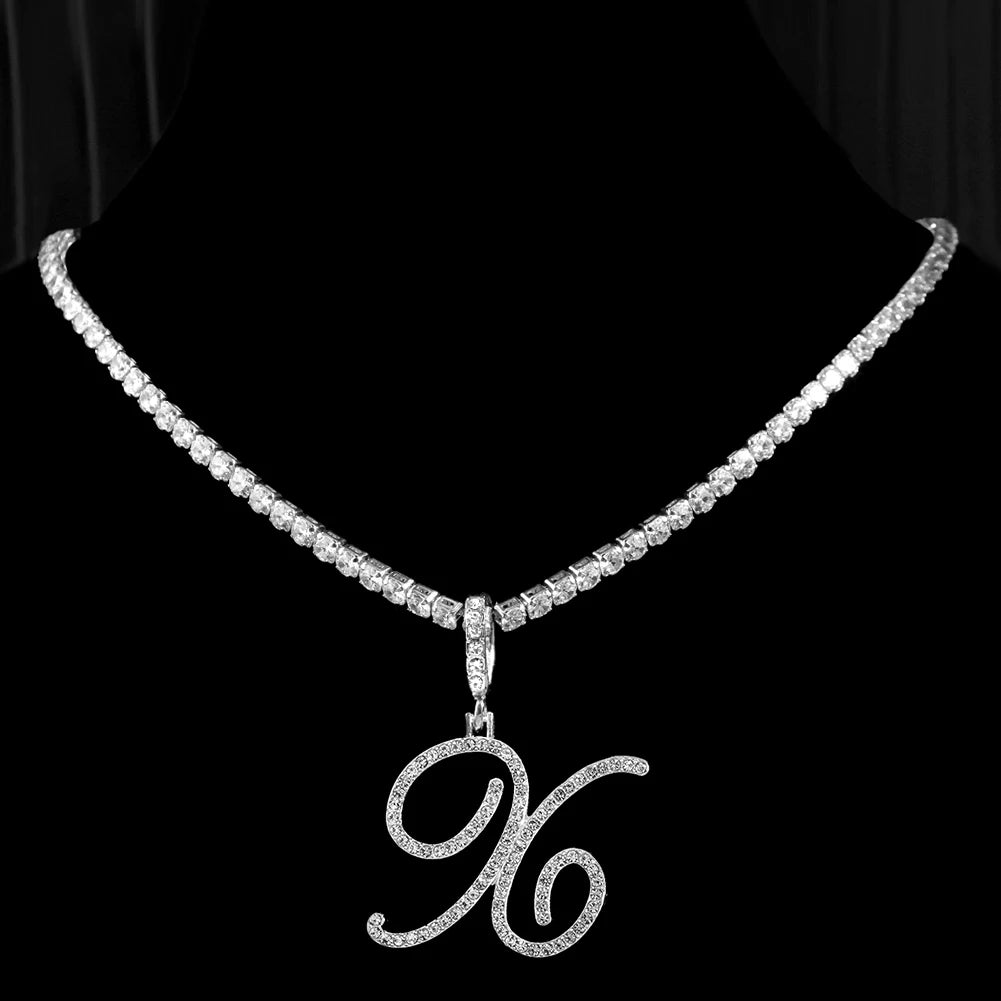 Collier Initiale Cursive Zircon CZ  - Collier Hip Hop Cursif