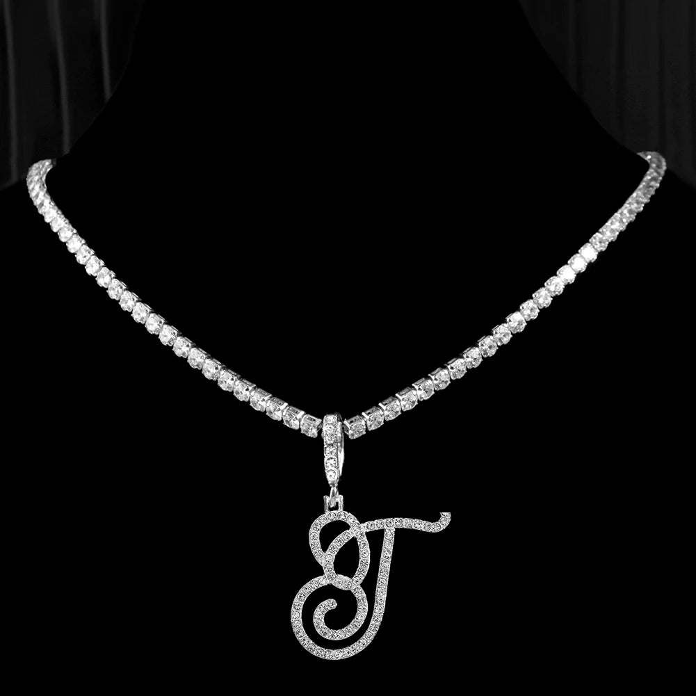 Collier Initiale Cursive Zircon CZ  - Collier Hip Hop Cursif