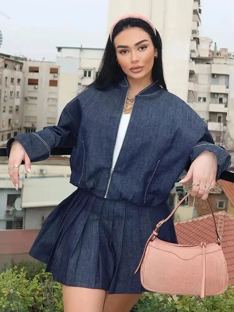 Veste Bomber Denim Femme - Col Montant Zippée Style Ballon