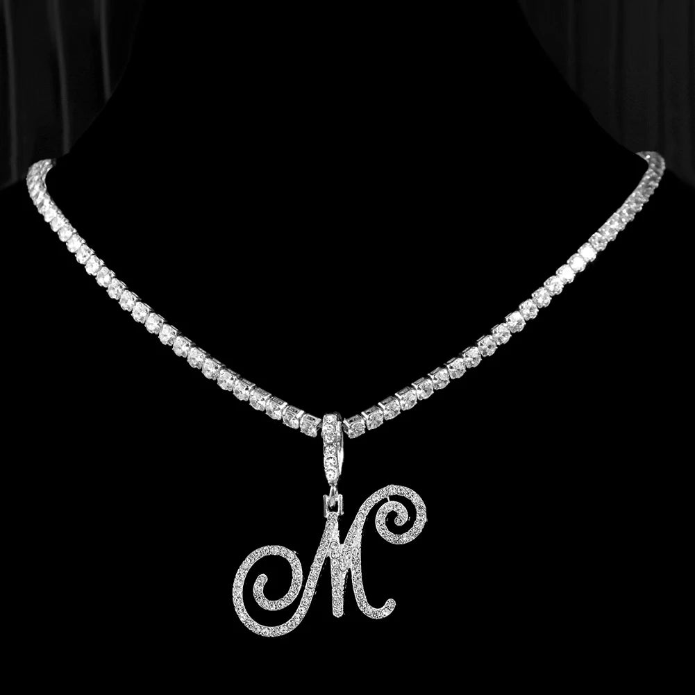 Collier Initiale Cursive Zircon CZ  - Collier Hip Hop Cursif