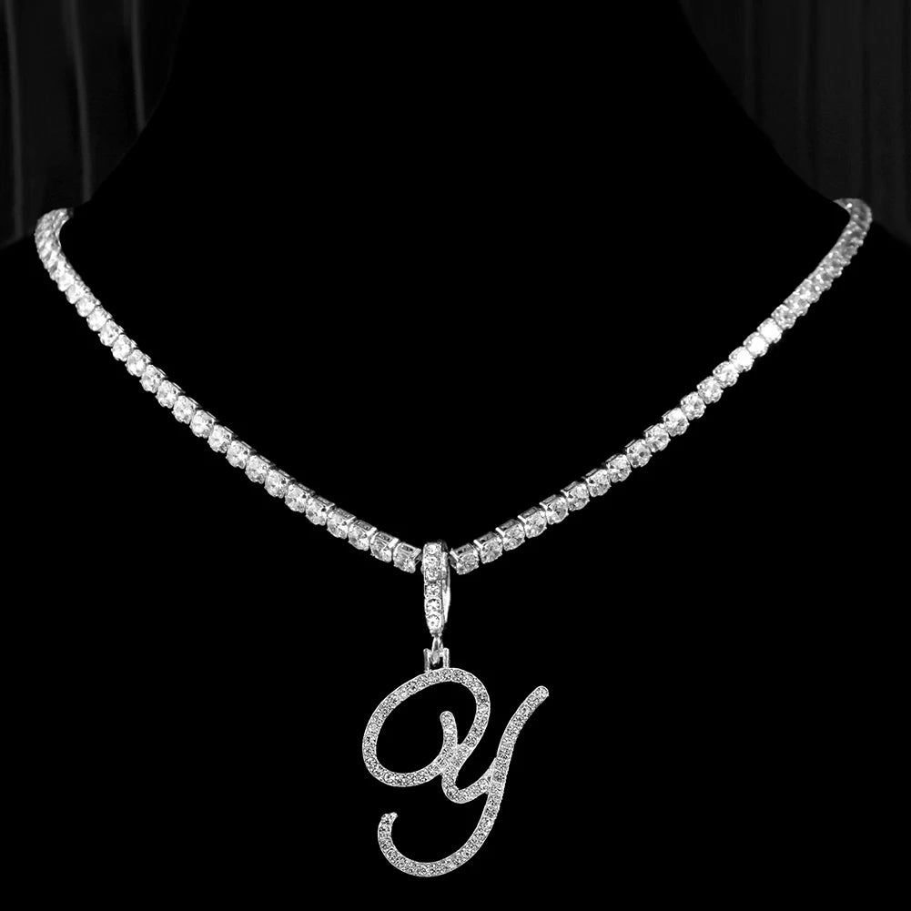 Collier Initiale Cursive Zircon CZ  - Collier Hip Hop Cursif
