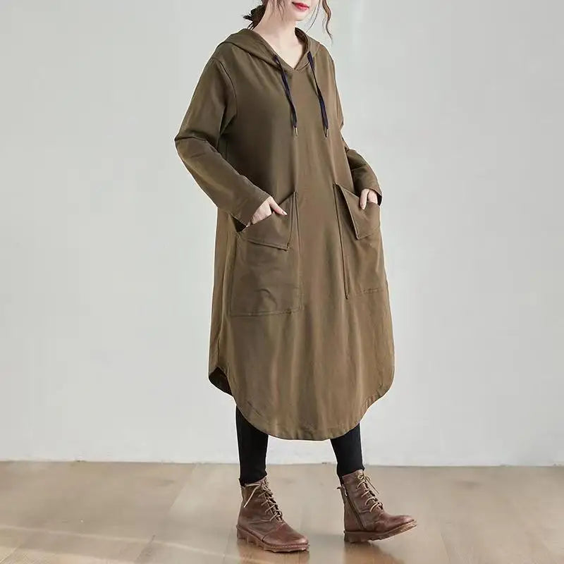 Robe Midi Oversize à Capuche avec Poches – Robe Noire Automne Femme