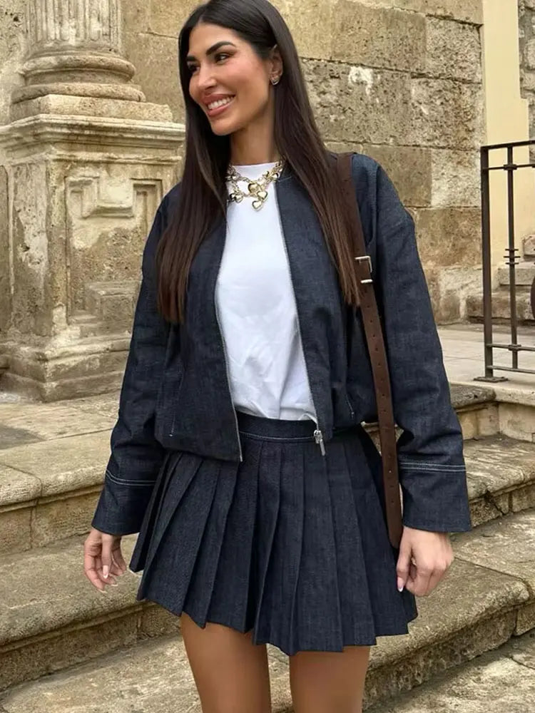 Veste Bomber Denim Femme - Col Montant Zippée Style Ballon