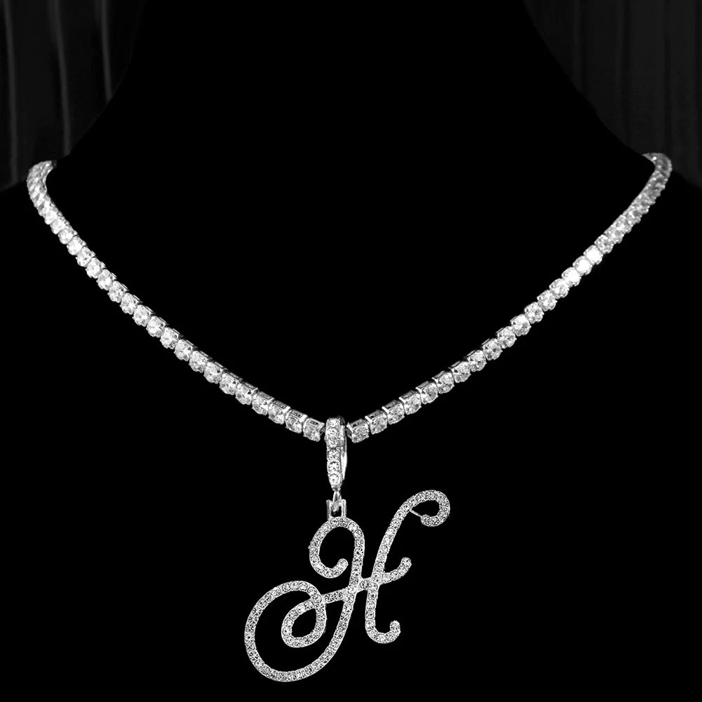 Collier Initiale Cursive Zircon CZ  - Collier Hip Hop Cursif