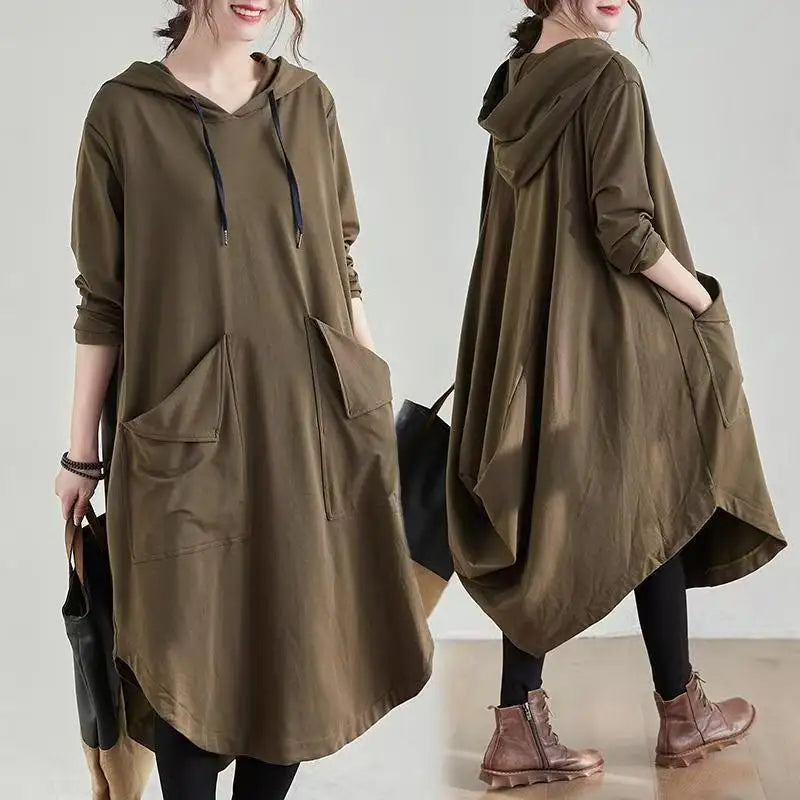 Robe Midi Oversize à Capuche avec Poches – Robe Noire Automne Femme